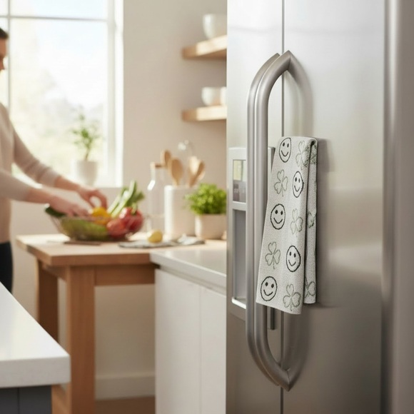 Nicole Miller Green and Black Smiley Face Kitchen Towels w/3 leaf clover, NWT - Picture 3 of 4